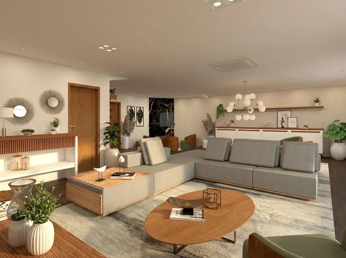 Sala de estar integrada — arquitetura residencial Lapa, SP — Lúmen Arquitetura